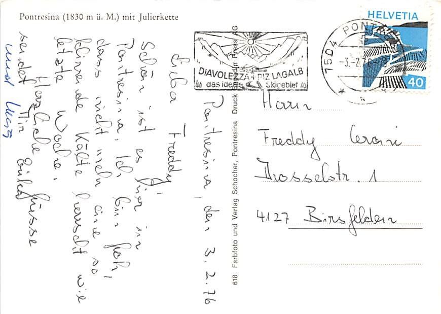 Ansichtskarten: GR - Pontresina – Gebraucht aus Ottikon b.Kemptth. von Neptun1974 1