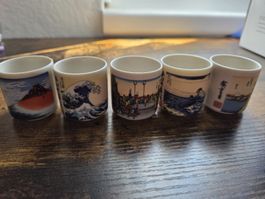 Sake Cups 5pc Japanese Art Ukiyo-e Design Ceramic Set 