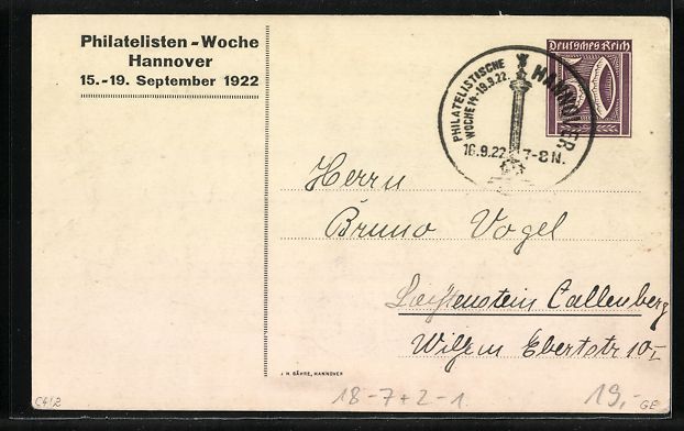 Cancelleria postale: Hannover, Philatelisten-Woche 1922, Stad – Usato da Berlin venduto da bartko-reher 1
