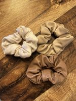 3er Set Haargummis, Scrunchies aus Leder und Strick