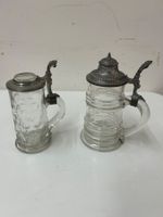 2 antike Bierkrüge Kristallglas mit Zinndeckel