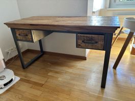 Industrial Style Solid Wood & Metal Desk (2 Drawers)