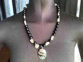 Unikat 💎  Vintage Onyx Halskette, Perlen, Perlmutt Anhänger