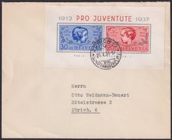1937, J83I/J84I PJ Block auf Brief von ZÜRICH, 100.-+ sauber