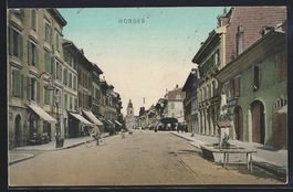 AK Morges, Strassenpartie mit Kirche