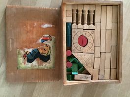 Holzbausteine Konvolut mit Holzkiste Vintage gebraucht