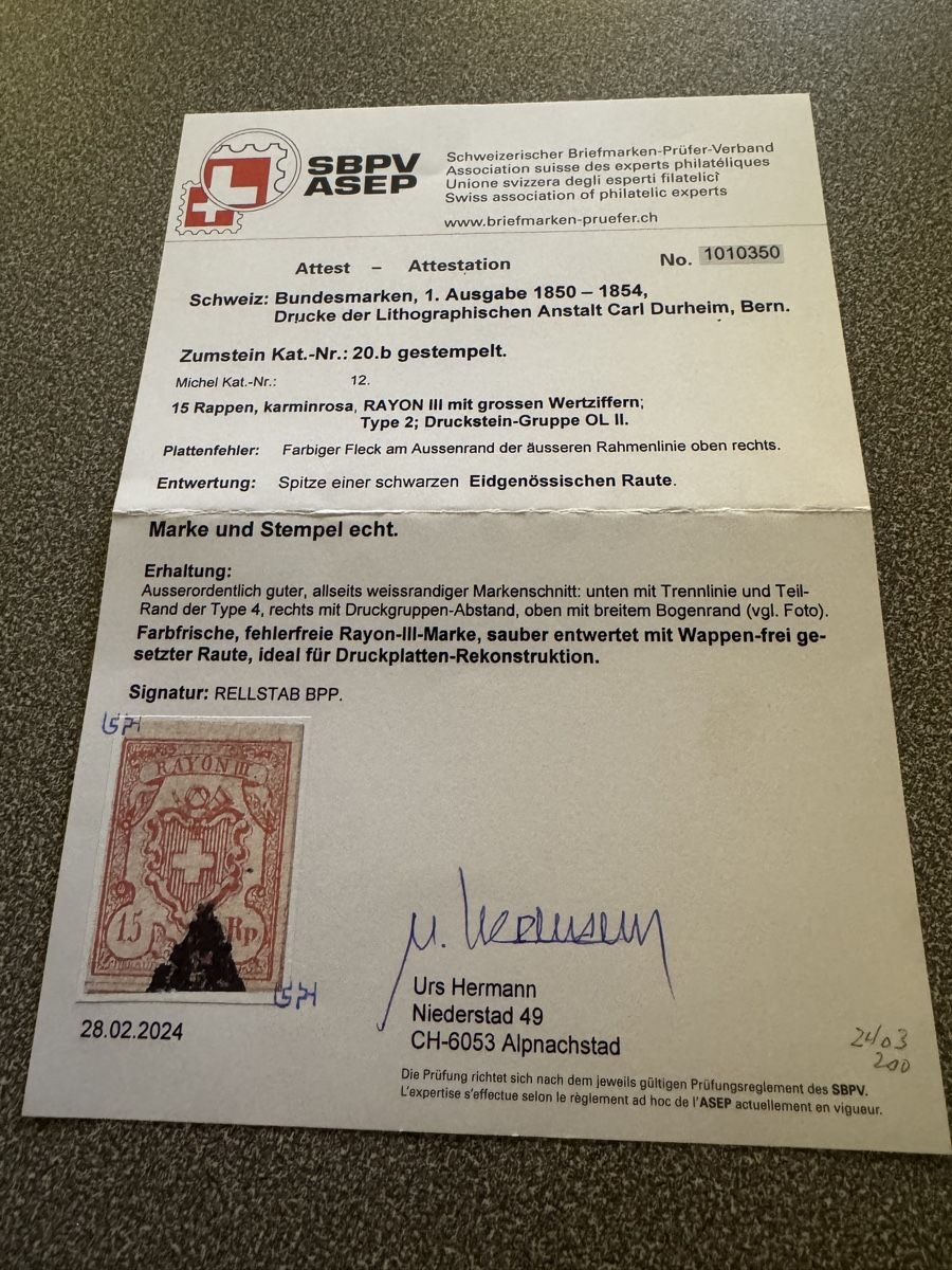 Tutti i francobolli: Tolle Rayon Marke mit Attest – Usato da Uster venduto da Briefmarken
