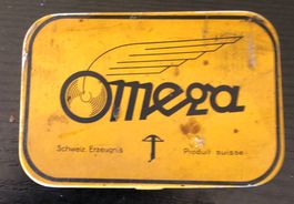 Dose OMEGA Velomarke rechteckig Büchse selten Sammler Deko