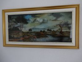 Tableau signé  Chevaux Arbre Rivière   70 x 30 CM