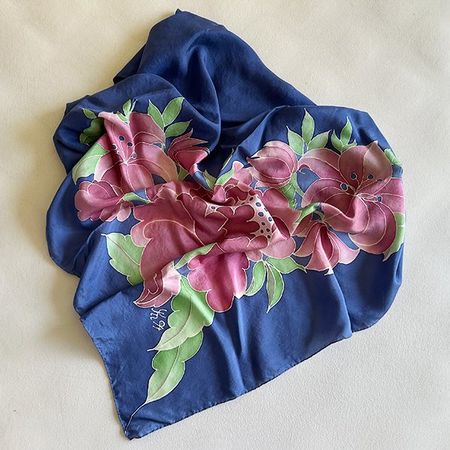 SILK | Seidentuch handbemalt 82x86 | Foulard Blumen VINTAGE