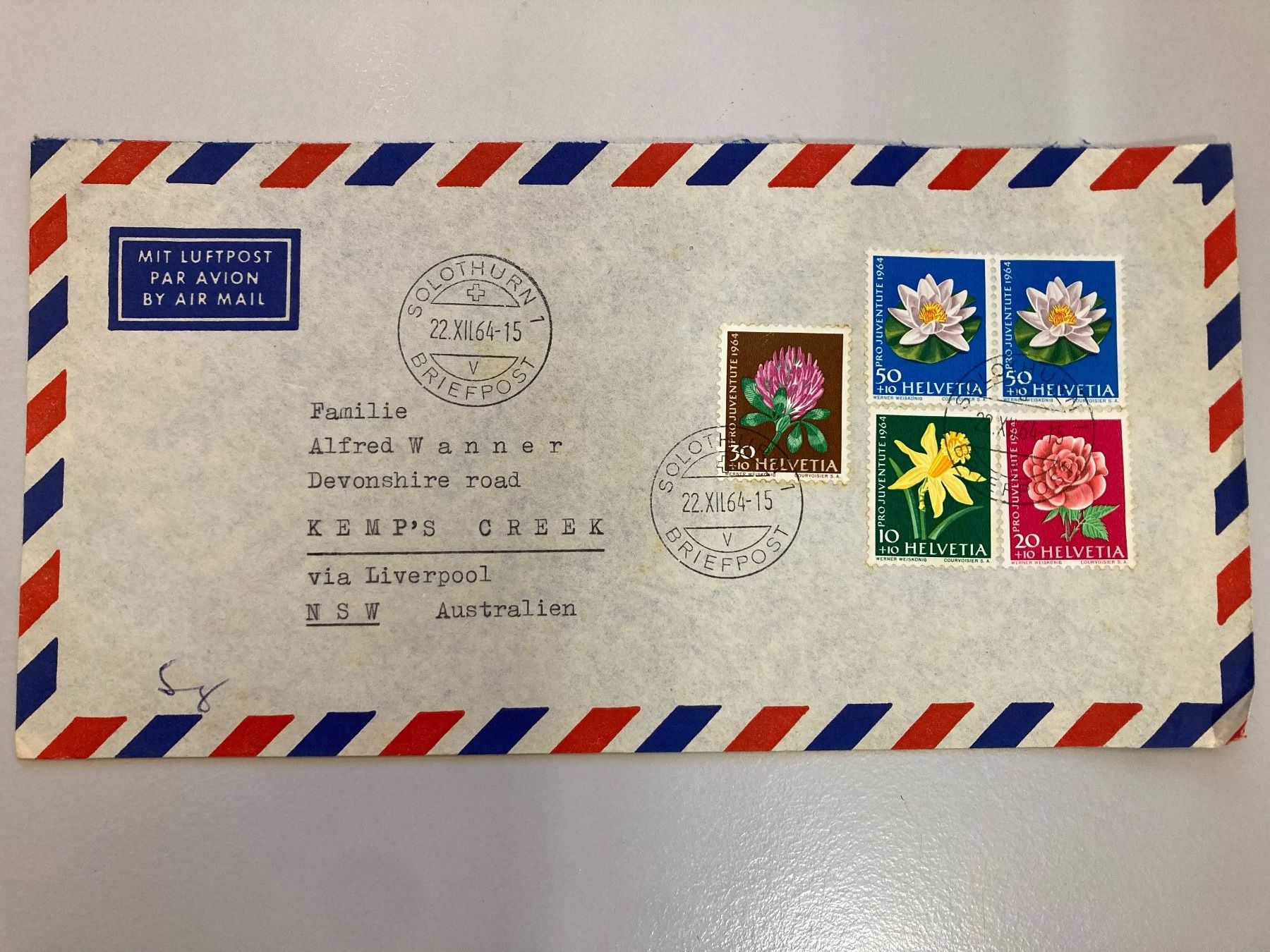 Tutti i francobolli: Luftpostbrief mit Pro Juventute Marken 1964 – Usato da Solothurn venduto da ehe_8spw