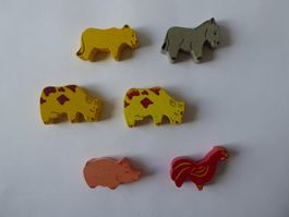 Holztier Set: Hund, Esel, 2 Kuh, Schwein, Hahn, 6,5-7,0cm