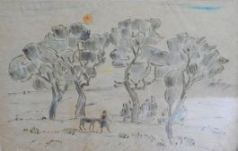 VIFIAN Albin 1889-1985 Südliche Landschaft Mädchen mit Esel
