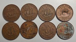 8x Britische Half Penny Münzen, Jahrgänge 1958-1967