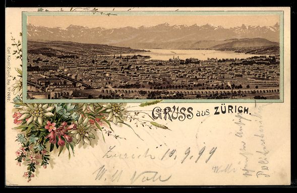 Cartoline postali: Lithographie Zürich, Ortspanorama, 1899 – Usato da Berlin venduto da bartko-reher