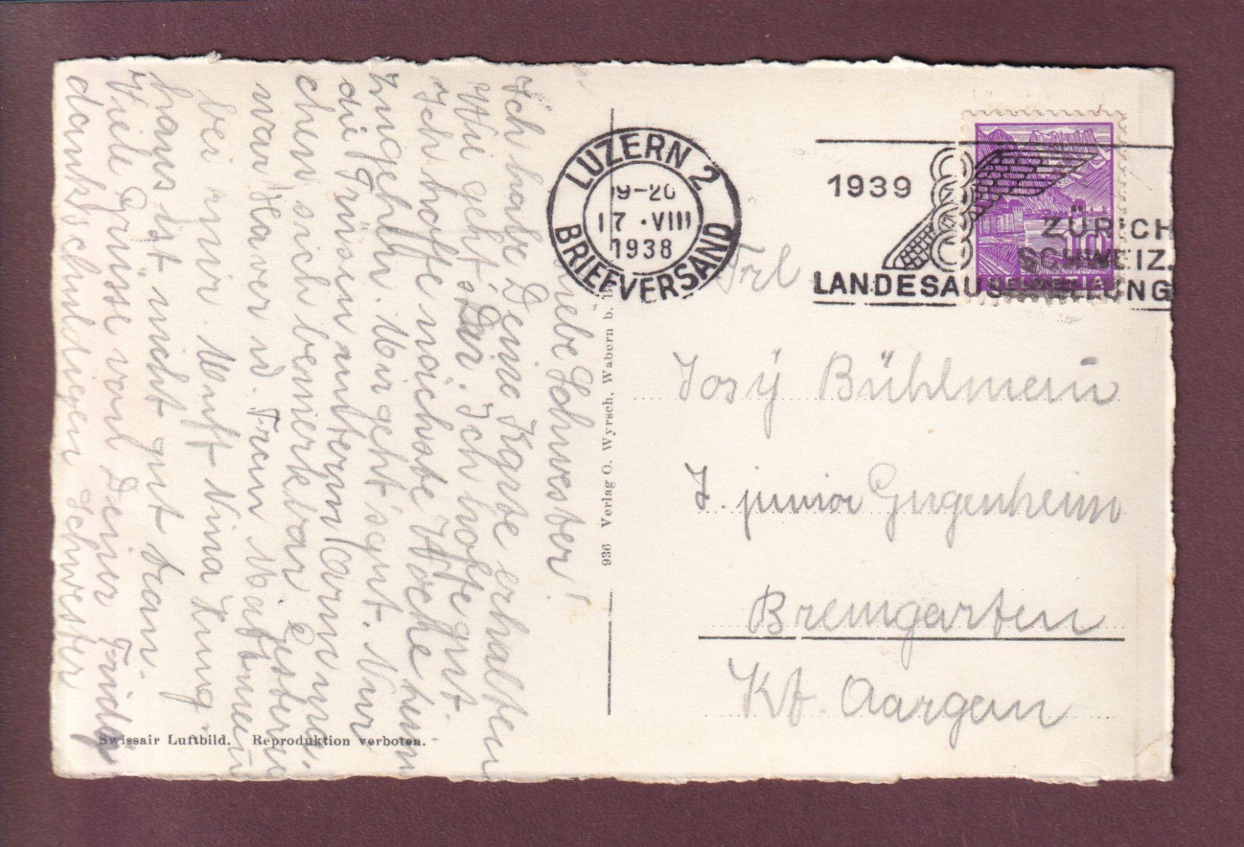 Cartoline postali: LUZERN - Krankeninstitut - Fliegeraufnahme - 1938 – Usato da Pully venduto da nicecards 1
