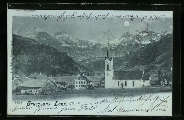 Cartoline postali: Mondschein-AK Lenk, Ortsansicht mit Kirc – Usato da Berlin venduto da bartko-reher