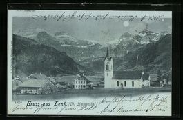 Mondschein-AK Lenk, Ortsansicht mit Kirc