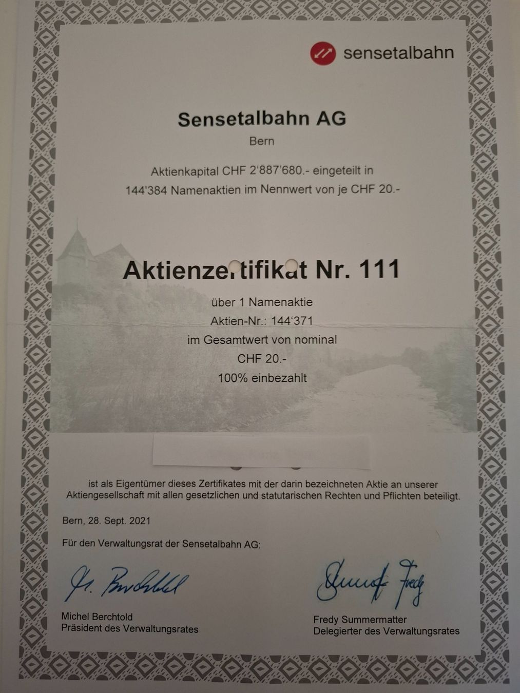 Dokumente: SENSETALBAHN AG Bern – Gebraucht aus Thun von Trub51