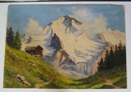 Alphütte mit Bergen Oel auf Karton Signaturvermerk