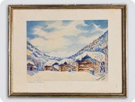 Aquarelle ancienne signée F. Anselmi – 1941 – Paysage alpin