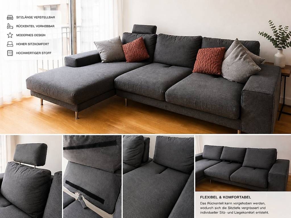 Divani: Ecksofa/Lounge, anthrazit 310 cm  verstellbare Sitztiefe – Usato da Luzern venduto da Quy 1