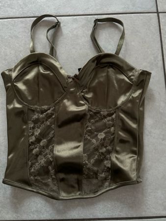 Khaki Satin Corsage Top mit Spitze, Divided, Grösse 36