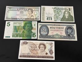 5 verschiedene Banknoten bankfrisch