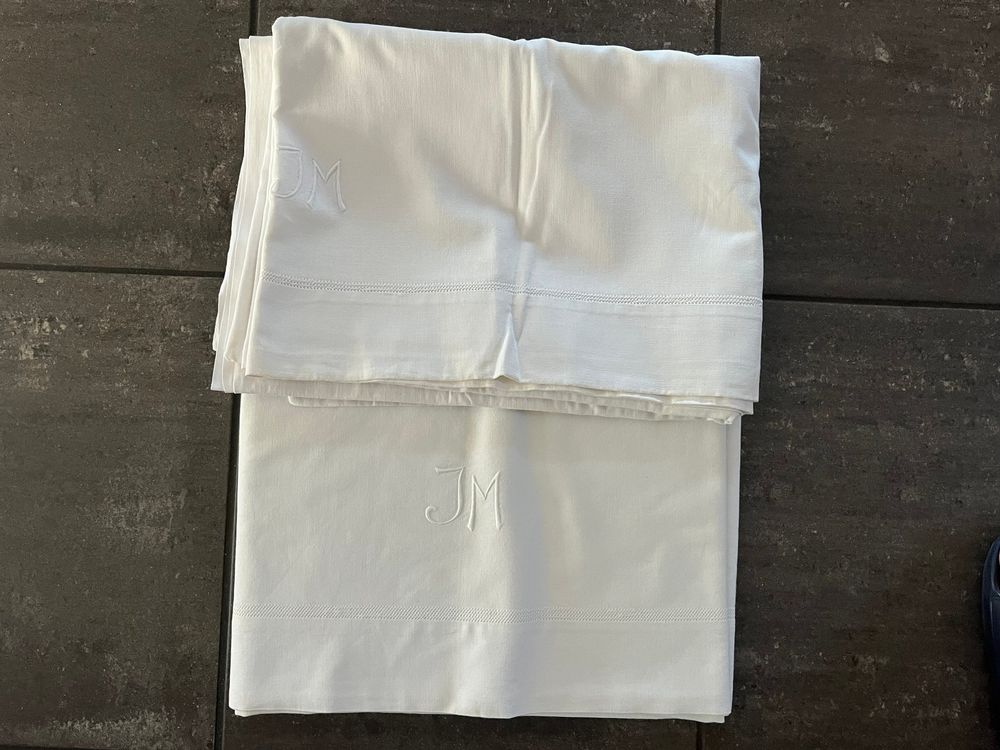 Grand Drap Ancien En Lin Blanc Cassé Avec Monogramme P-M - 267 X 220 Cm