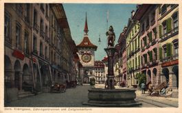 Bern. Kramgasse, Zähringerbrunnen und Zeitglockenturm