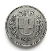 Schweizer 5 Franken Münze 1931 B (Silber-Fünfliber)