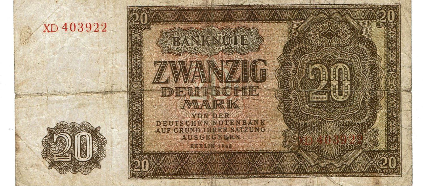 Banconote: Berlin 20 Deutsche Mark 1948 SS+-SS++ – Usato da Steffisburg venduto da ber_8htf