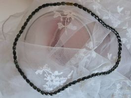 Vintage Halskette schwarze Zuchtperlen, 5 mm Ovale Perlen