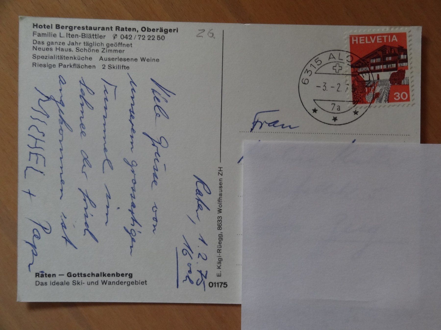 Ansichtskarten: Oberägeri - Hotel Bergrestaurant Raten - 1975 – Gebraucht aus St Léonard von Riglin 1