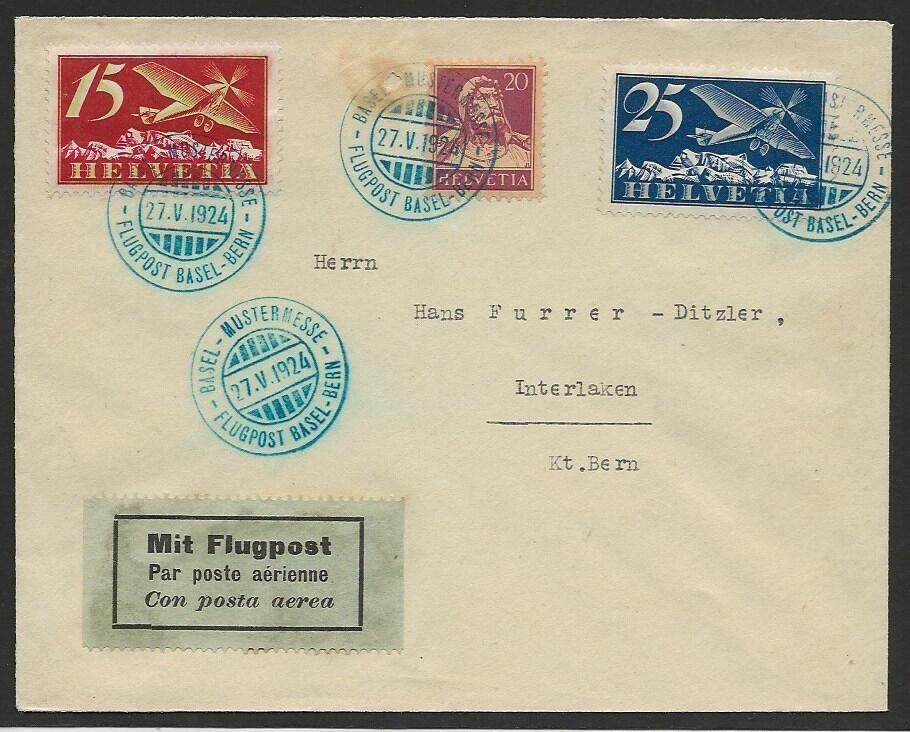 Alle Briefmarken: 1924  Flugbrief Flugpost Basel-Bern – Gebraucht aus Arlesheim von kuhnphila