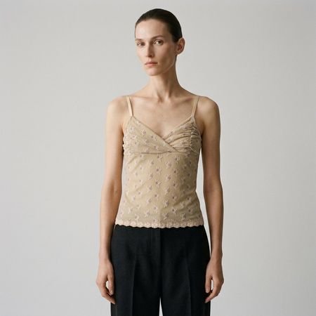 Top nuisette beige peau à fleurs vintage Entracte Paris