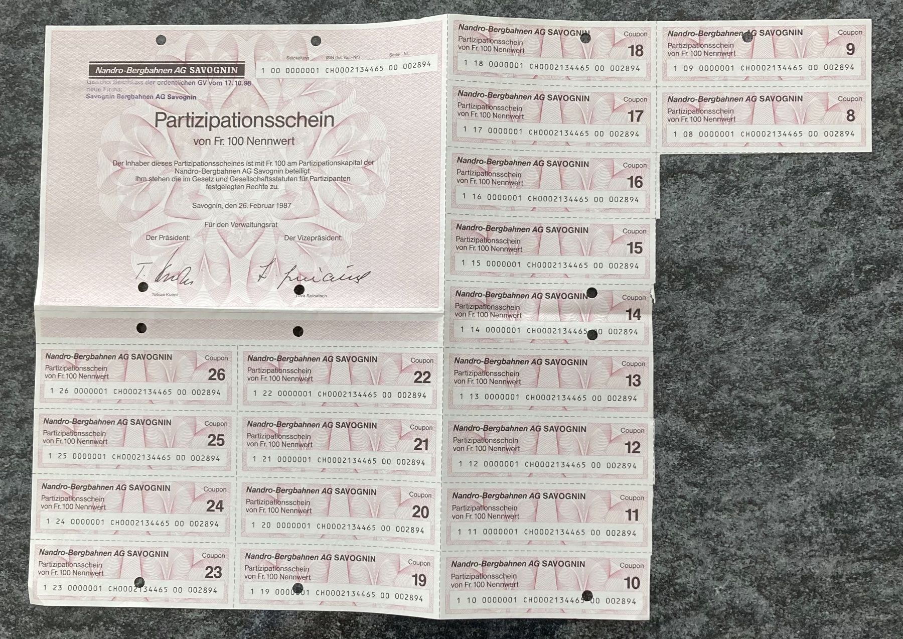 Documenti: Partitipationsschein Nandro-Bergbahnen – Usato da Hunzenschwil venduto da zibu88