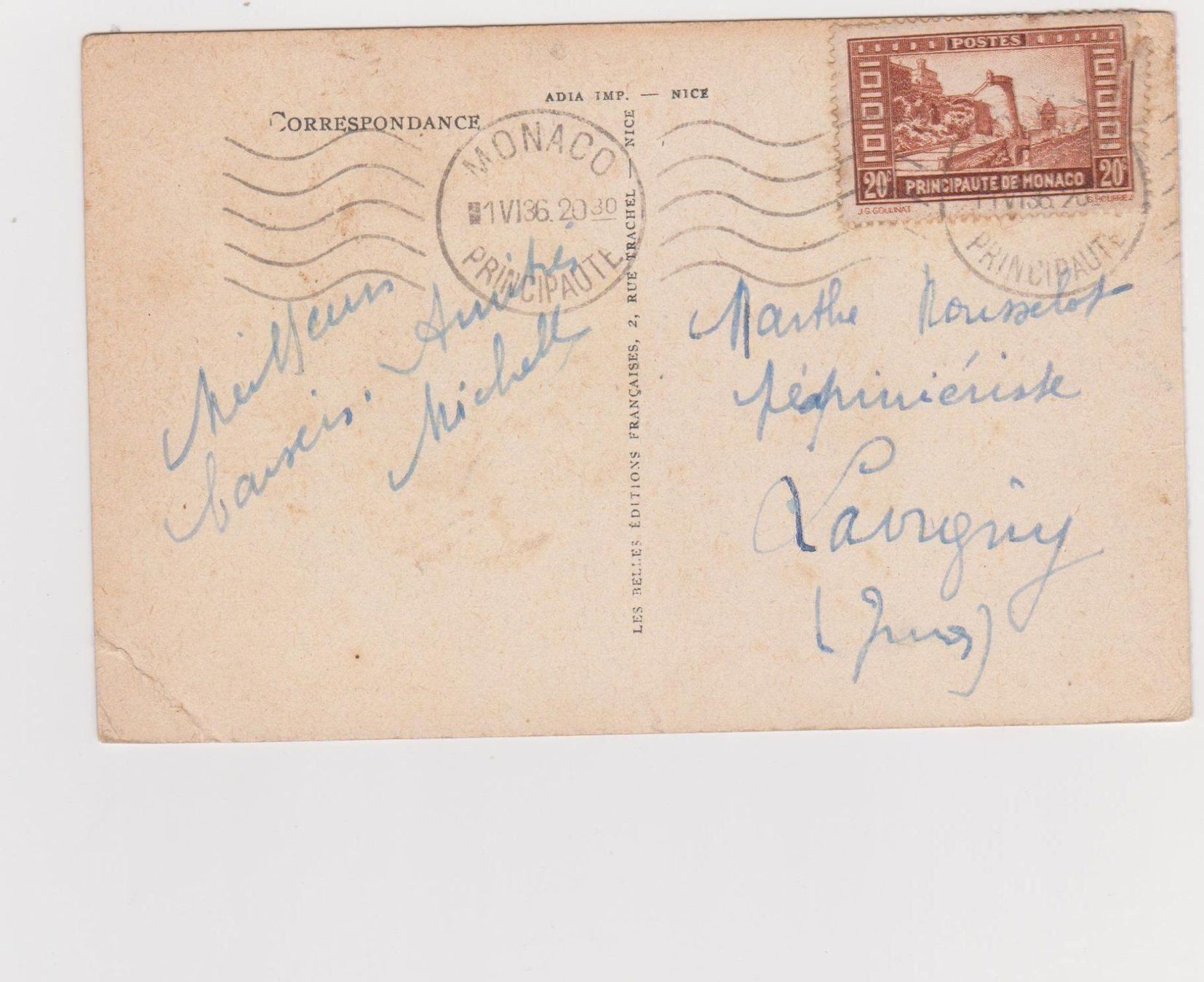 Cartoline postali: Ancienne carte postale Monaco 1936 – Usato da Pailly venduto da jme99 1