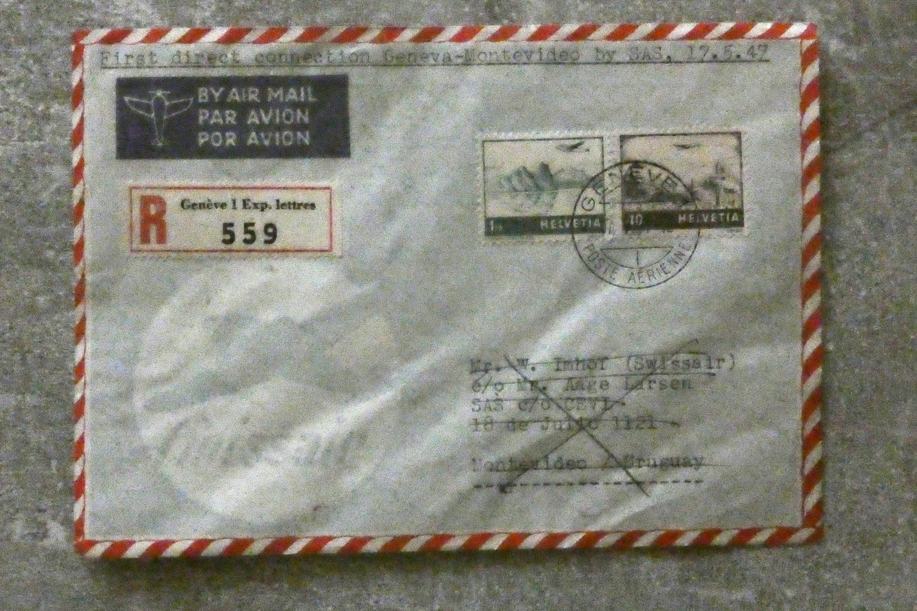 Alle Briefmarken: Flugpost Genf-Montevideo 17.V.47, RF 47.6a – Gebraucht aus Niederglatt ZH von Fischer_stamps