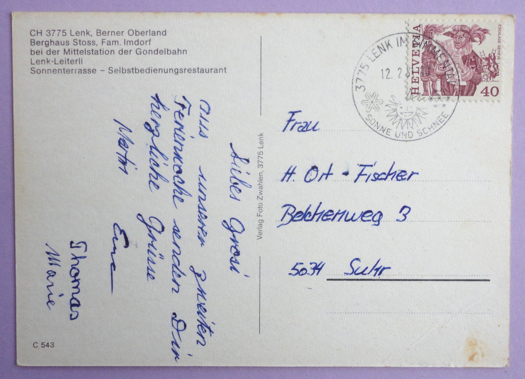 Cartoline postali: Lenk, B.O., Berghaus Stoss – Difettoso da Fétigny venduto da Billy2miny 1