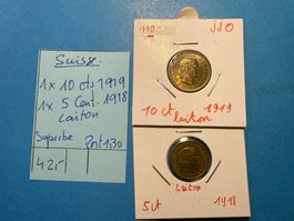SUISSE : 10 CENTIMES 1919 LAITON + 5 CENTIMES 1918 LAITON
