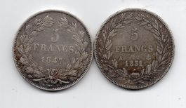 (1696) Frankreich, 2 x 5 Francs, 1847 + 1831, ss-vz, Silber