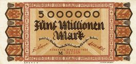Nürnberg 5 Mil.Mark Serie M SN rot 31.08.1923 VZ+-VZ++
