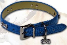 Hund Hunde Hals Band S Leder BLAU Strass-Steine Knochenform