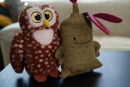 Peluche hibou et plante stylisée de la Coop, bon état