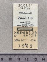 Altes SBB Billett Wädenswil - Zürich HB, 20.1.1984