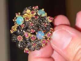 Bouquet 🌺 Opales Tourmalines Grenats SS925 14k Gold Ring