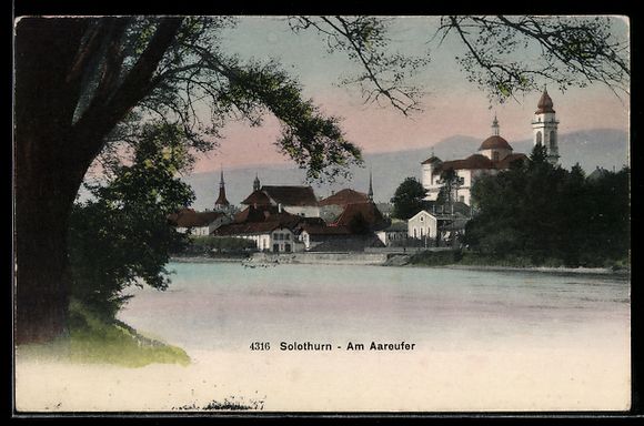 Cartoline postali: AK Solothurn, Am Aareufer, mit Kirche – Usato da Berlin venduto da bartko-reher