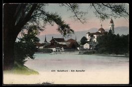 AK Solothurn, Am Aareufer, mit Kirche