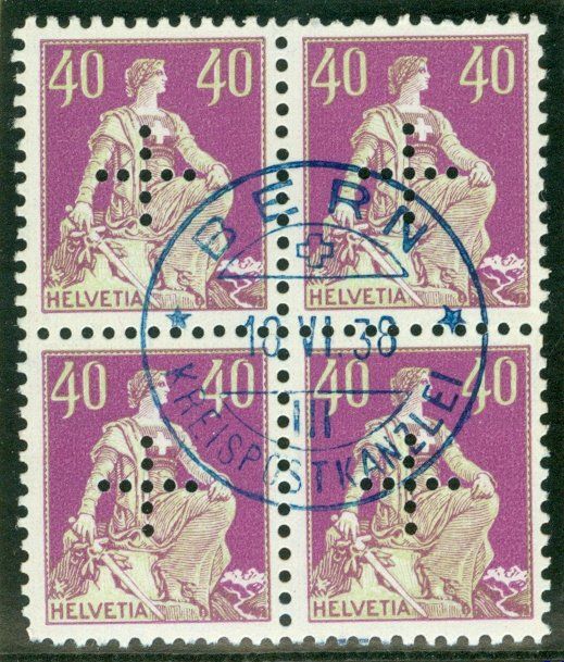 Tutti i francobolli: 1938 Schweiz Dienstmarken Viererblock – Usato da Zürich venduto da yago-rot